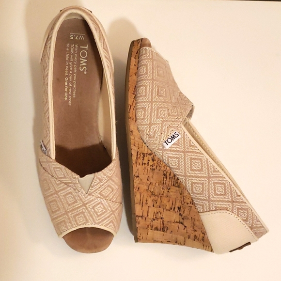 TOMS - TWEED OPEN TOE CORK WEDGE HEELS - Picture 2 of 7